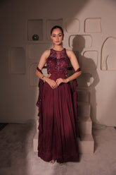 Burgundy Embellished Cut-Out Gown with Sheer Neckline | Pleated Evening Dress